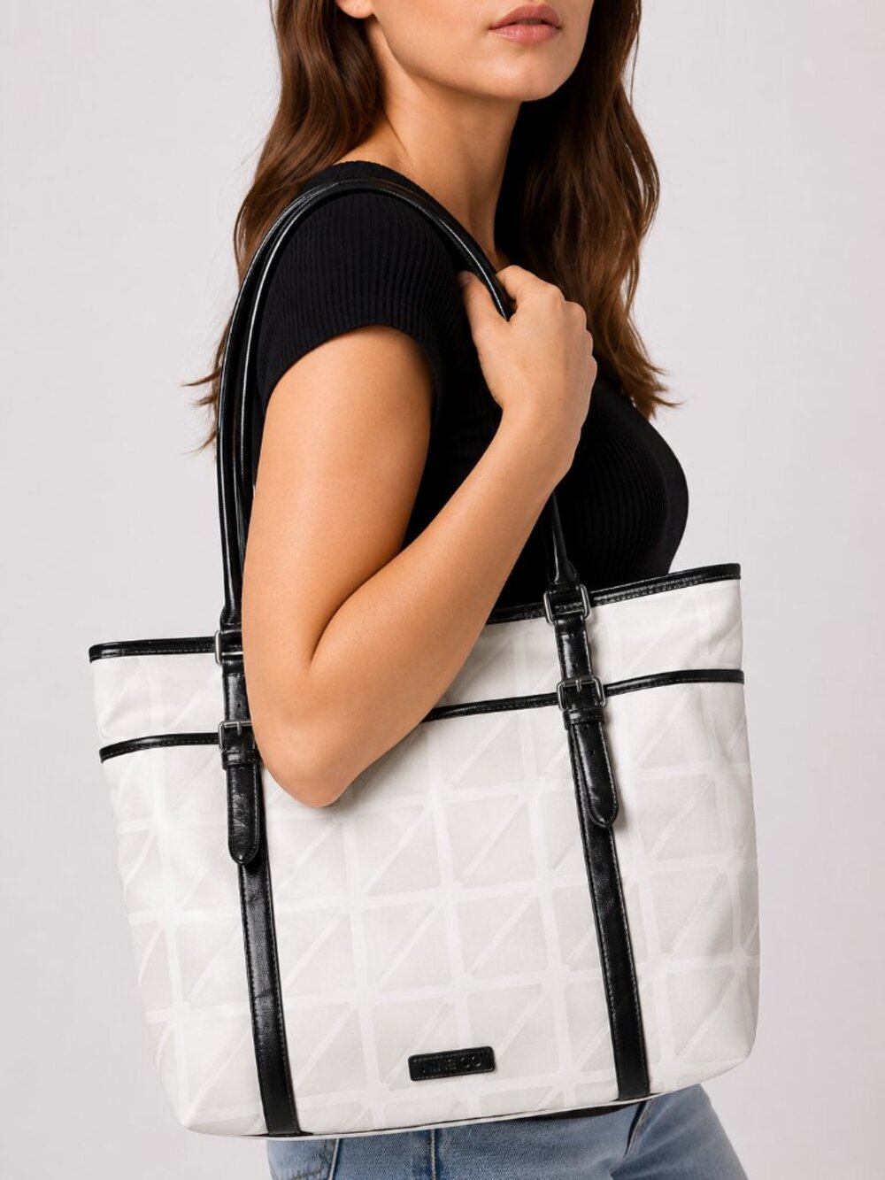 Nine & Co. tote Bag Cream Geometric Block Design Black Leather Trim